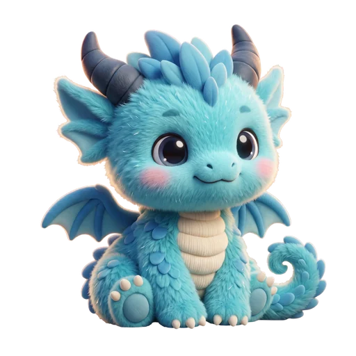 Fynn, ein hellblauer Babydrache, späht ins Bild
