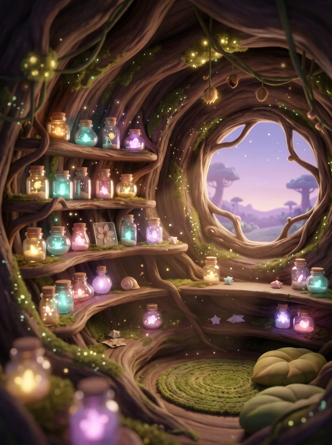 Ein Zimmer in einem hohlen Baum mit Regalen voller leuchtender Gläser